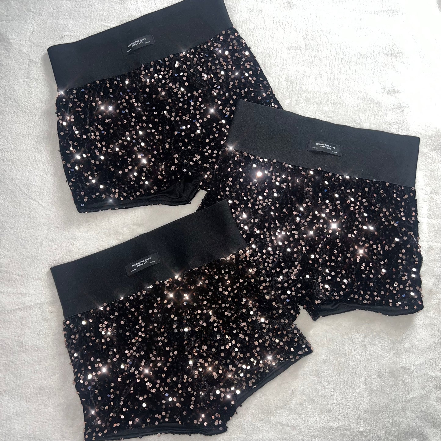 HIGH WAISTED SEQUIN SHORTS - BLACK / BRONZE