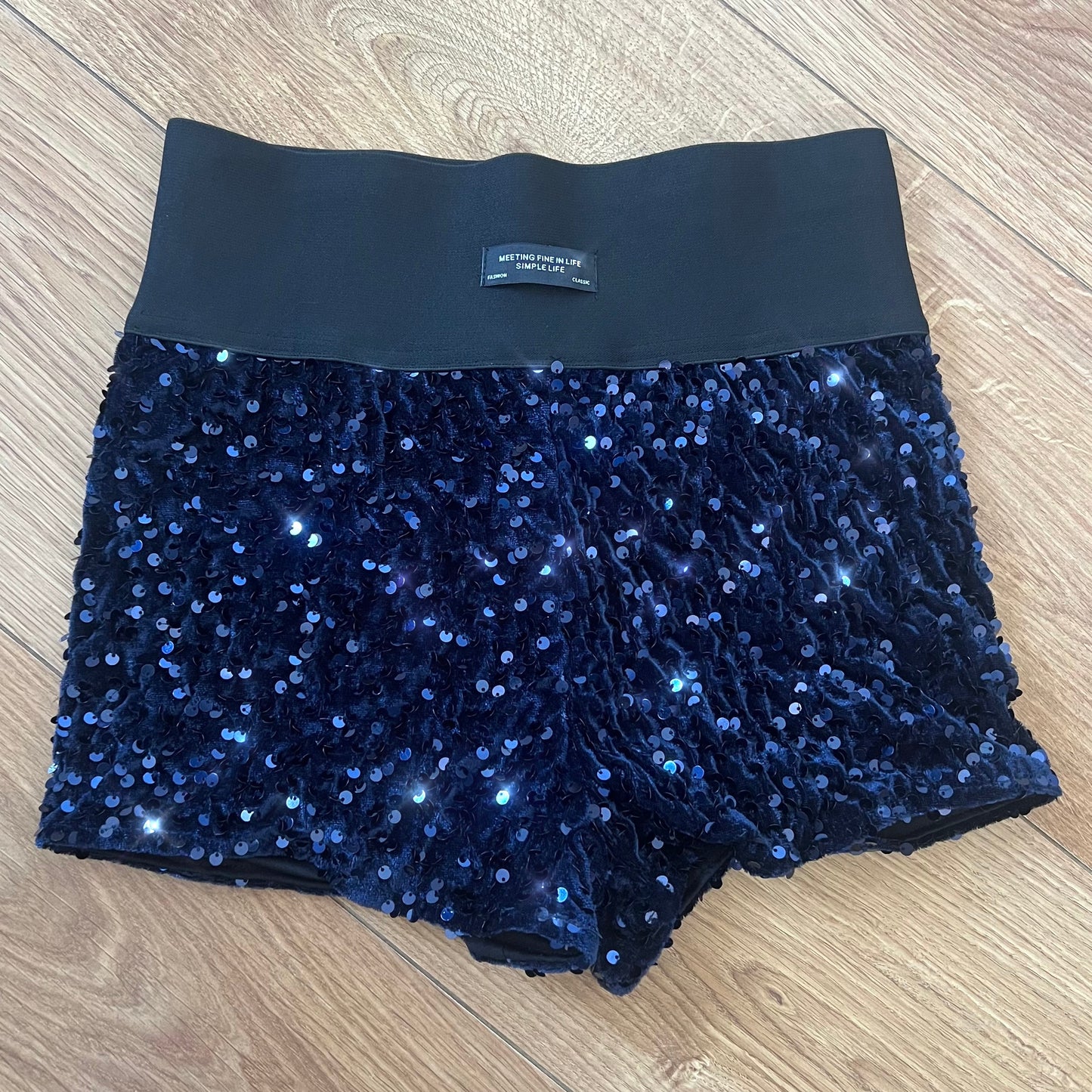 HIGH WAISTED SEQUIN SHORTS - MIDNIGHT BLUE