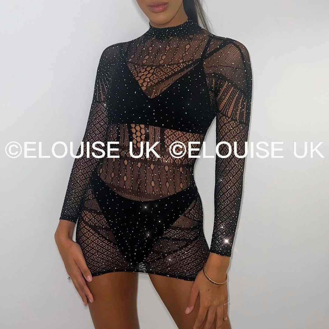 Black diamante clearance mesh dress