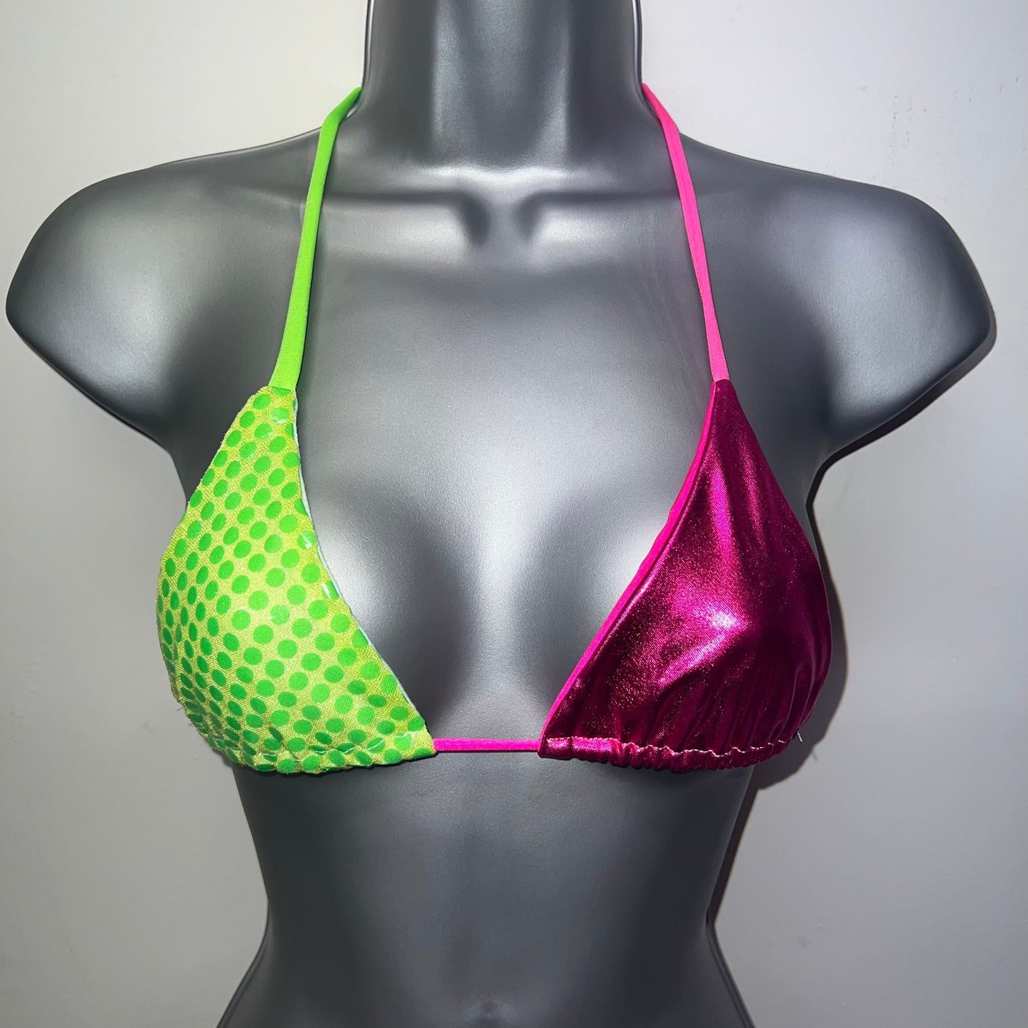 HANDMADE GREEN & PINK TRIANGLE BIKINI TOP