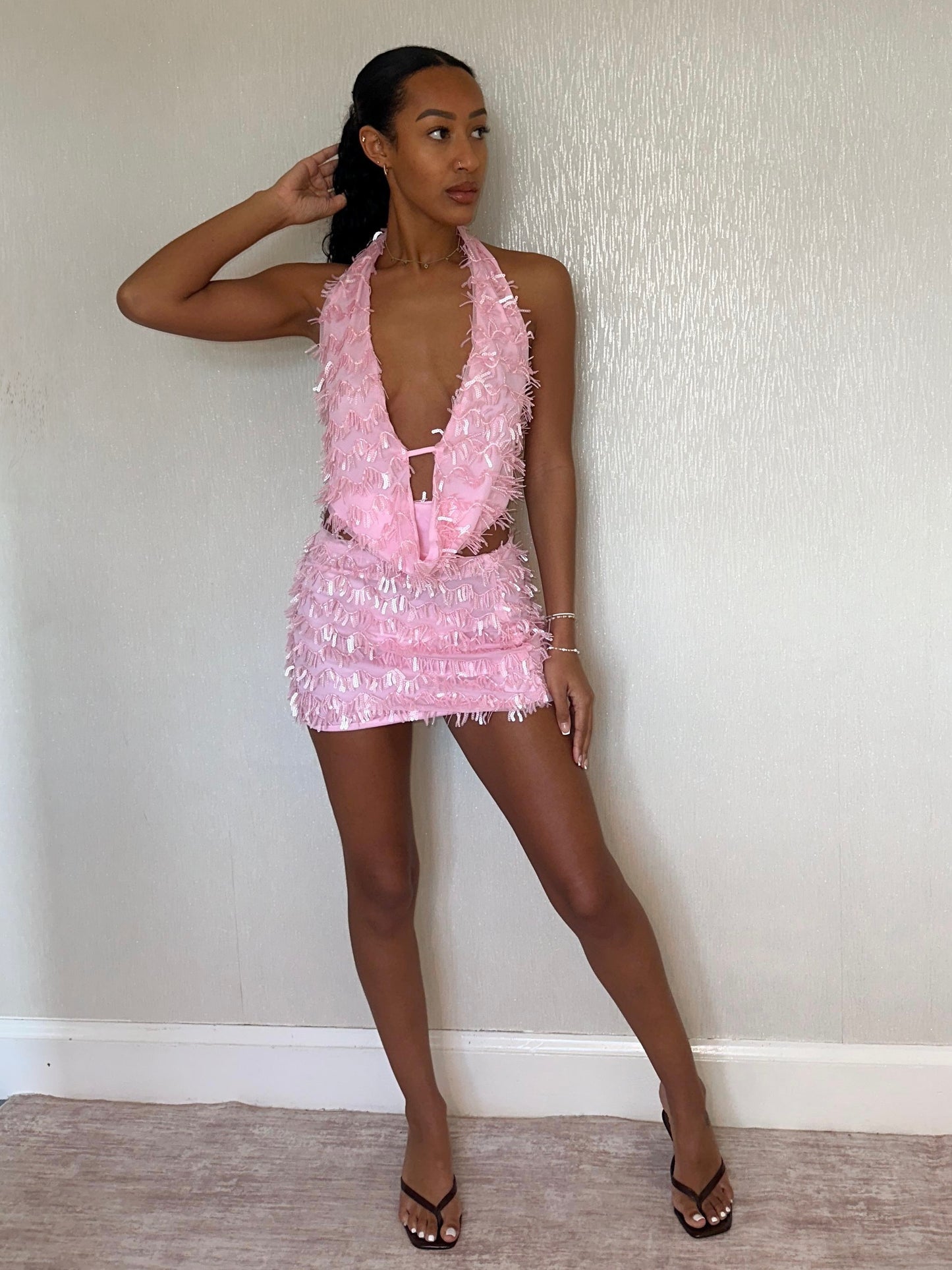 ‘TALIA’ SEQUIN FRINGE TWO PIECE - BABY PINK