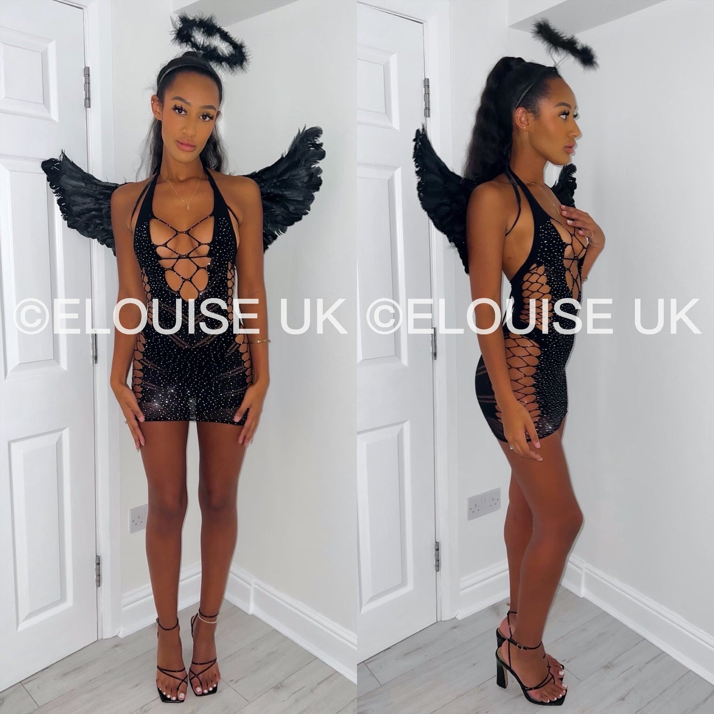 BLACK MESH CUT OUT DIAMANTÉ DRESS, DARK ANGEL DRESS, ANGEL OUTFIT