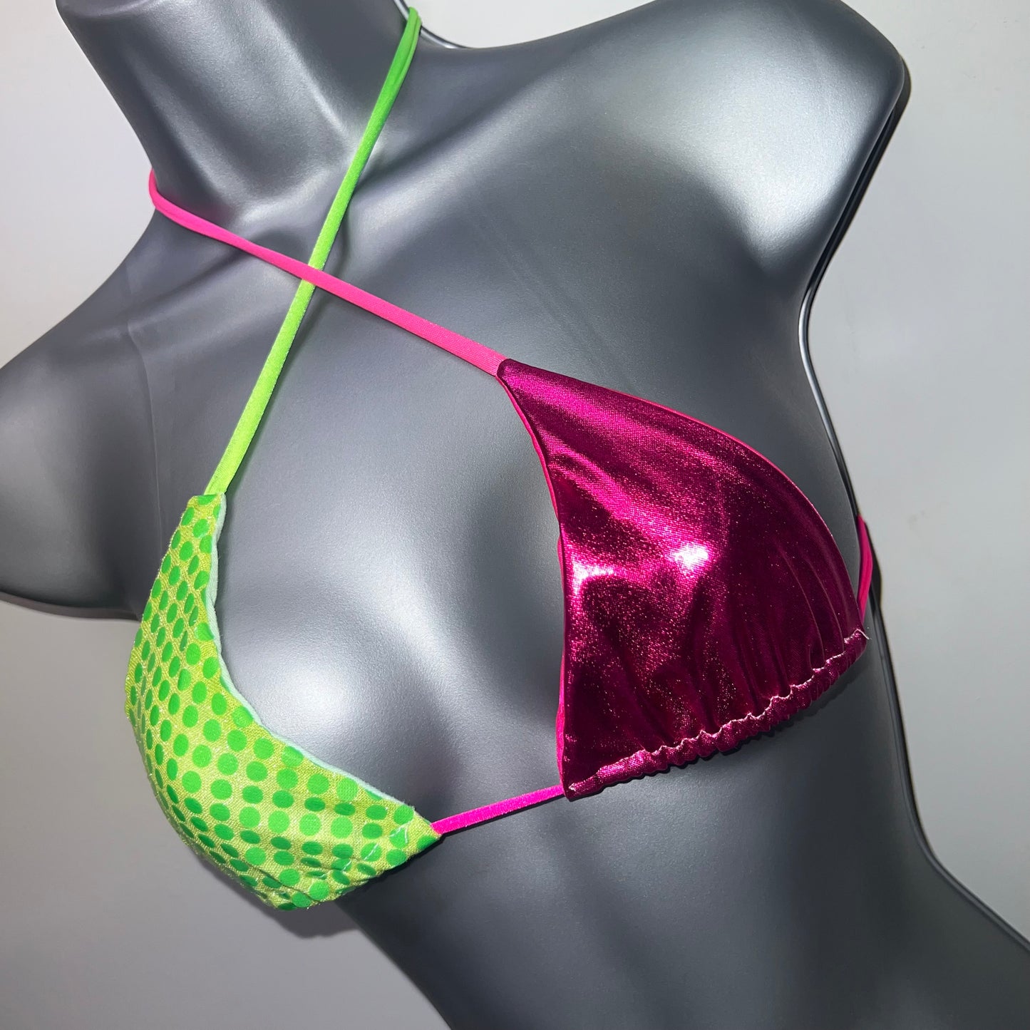 HANDMADE GREEN & PINK TRIANGLE BIKINI TOP