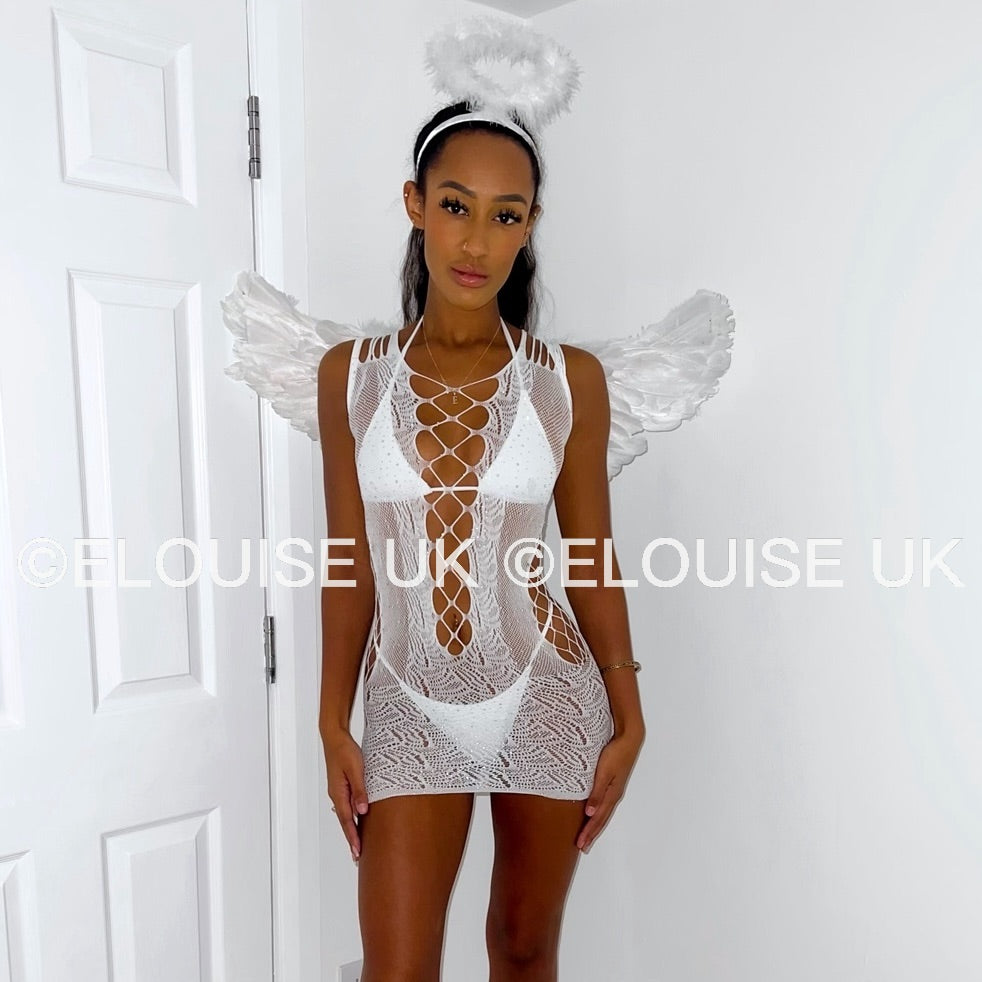 WHITE DIAMANTÉ CUT OUT DRESS - ANGEL OUTFIT ANGEL RHINESTONE DRESS