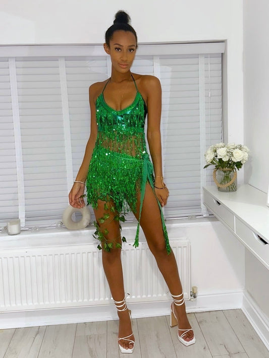 SEQUIN TASSEL SKIRT - GREEN