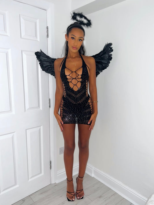 BLACK MESH CUT OUT DIAMANTÉ DARK ANGEL DRESS