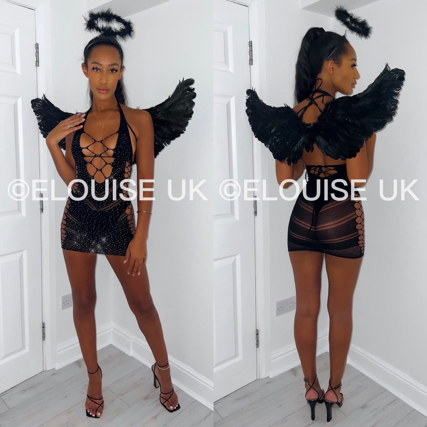 BLACK MESH CUT OUT DIAMANTÉ DRESS, DARK ANGEL DRESS, ANGEL OUTFIT