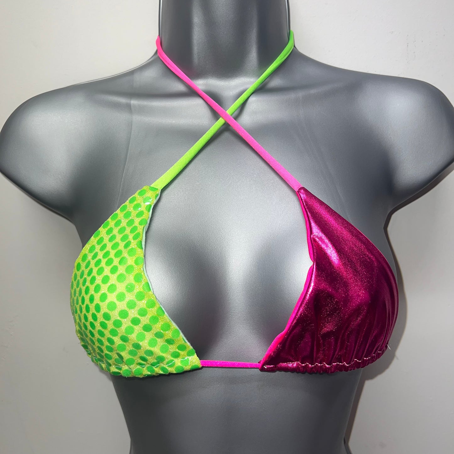 HANDMADE GREEN & PINK TRIANGLE BIKINI TOP