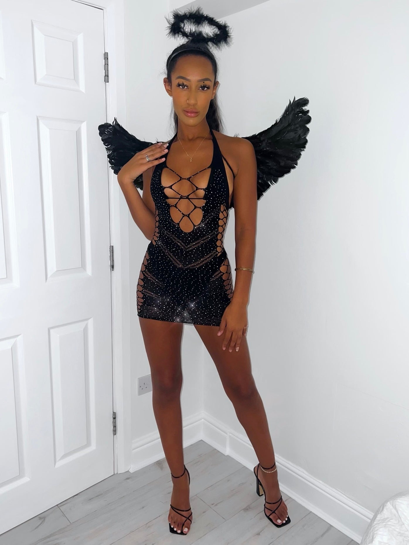 BLACK MESH CUT OUT DIAMANTÉ DARK ANGEL DRESS