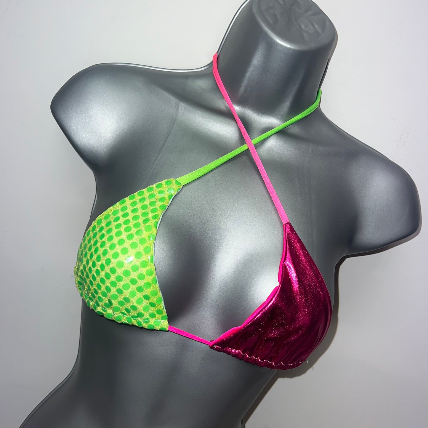 HANDMADE GREEN & PINK TRIANGLE BIKINI TOP