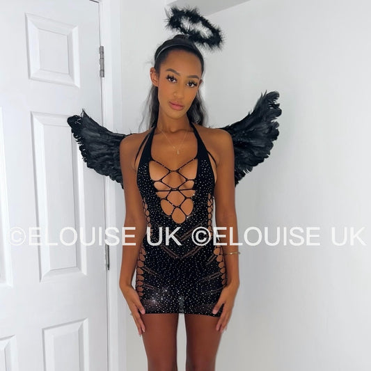 BLACK MESH CUT OUT DIAMANTÉ DRESS, DARK ANGEL DRESS, ANGEL OUTFIT