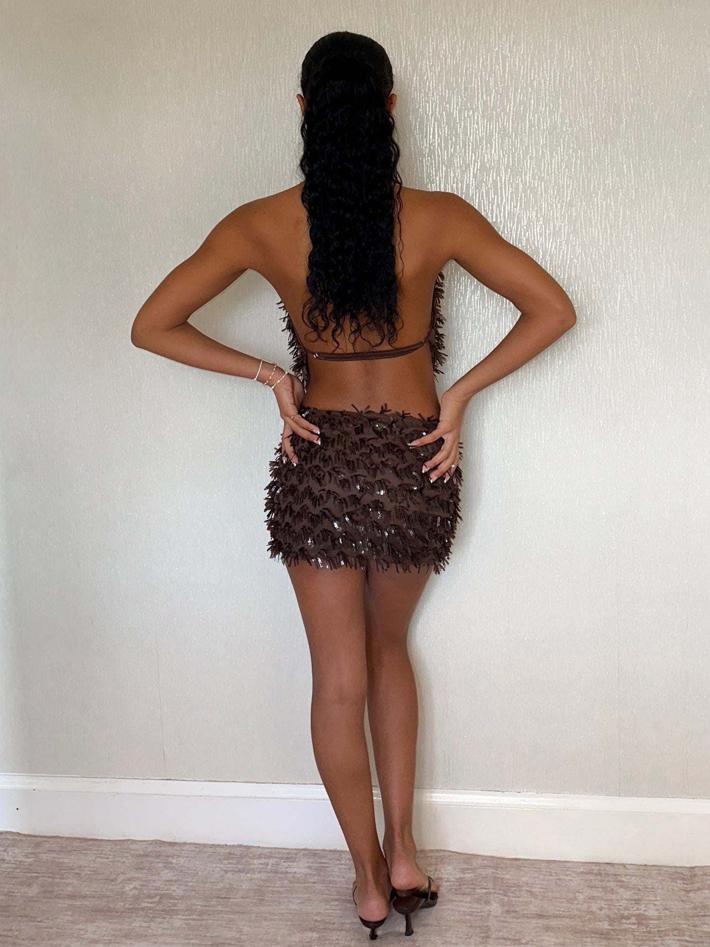 ‘TALIA’ SEQUIN FRINGE TWO PIECE -  CHOCOLATE