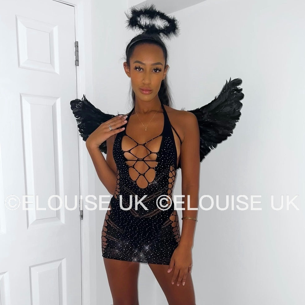 BLACK MESH CUT OUT DIAMANTÉ DRESS, DARK ANGEL DRESS, ANGEL OUTFIT