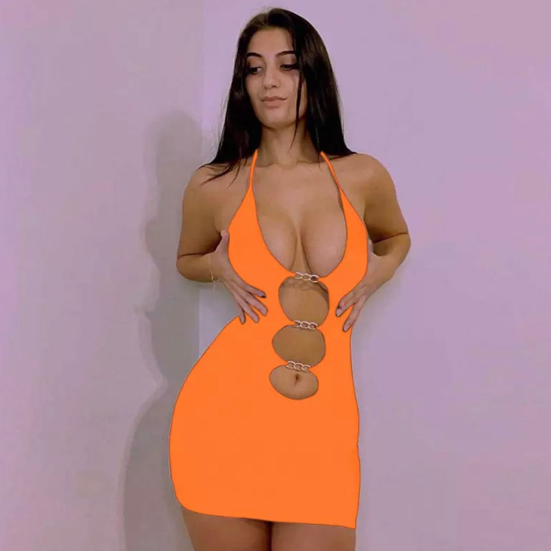 CHAIN MINI DRESS - NEON ORANGE