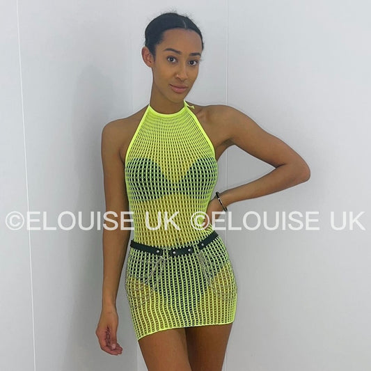 HALTER NECK FISHNET DRESS - YELLOW