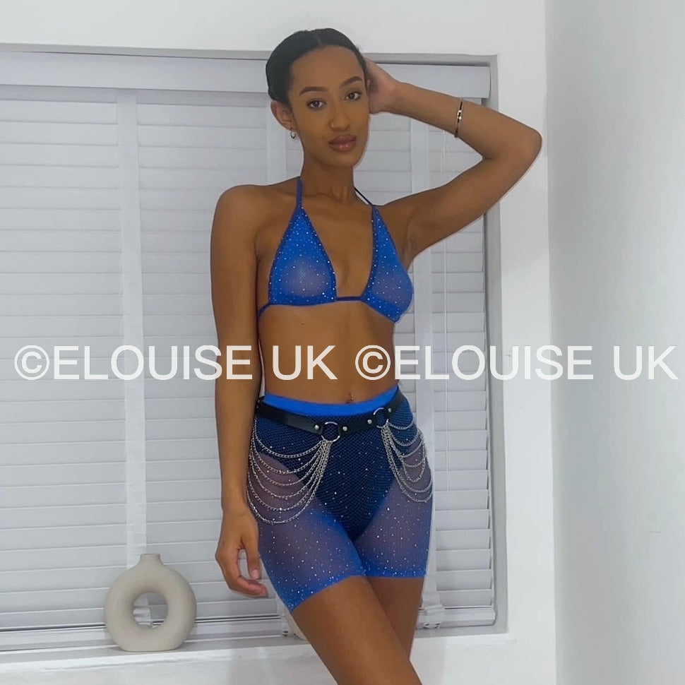 RHINESTONE FISHNET BRALET - BLUE