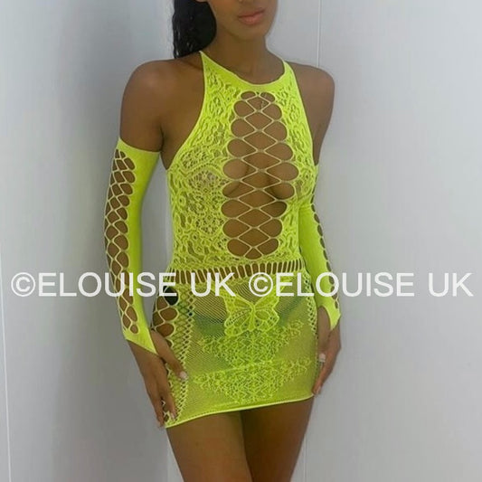 “JASMINE” MESH DRESS WITH GLOVES - YELLOW