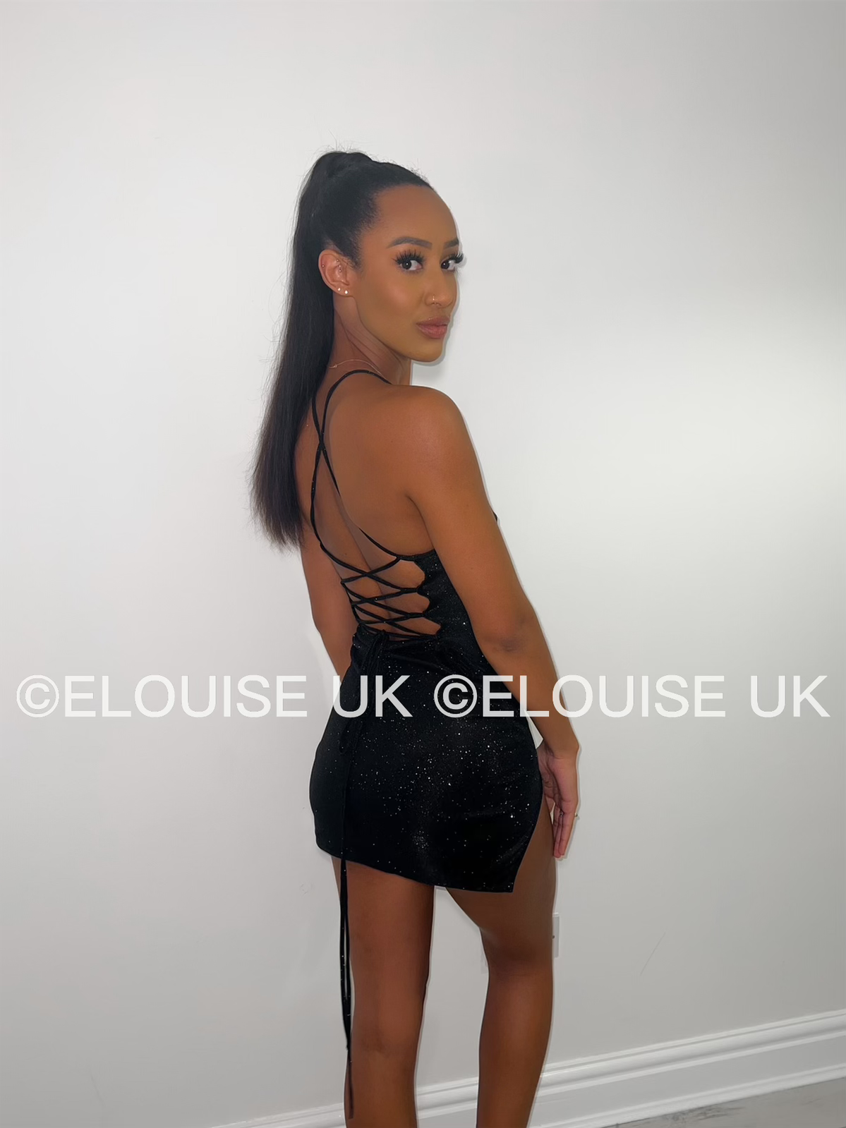 “ELSA” LACE UP BACK GLITTER DRESS - BLACK