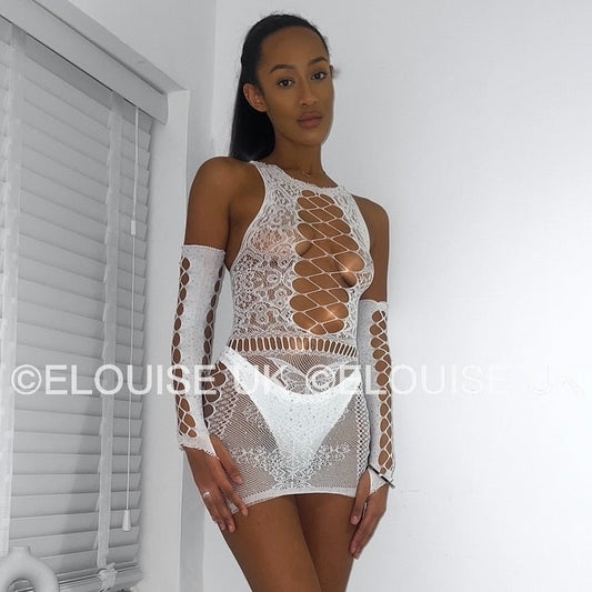 MESH DRESS WITH GLOVES IN WHITE - ANGEL OUTFIT ANGEL SPARKLY RAVE DRESS