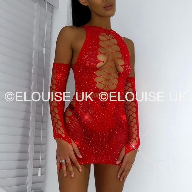 MESH DRESS WITH GLOVES IN RED - ANGEL OUTFIT ANGEL SPARKLY RAVE DRESS