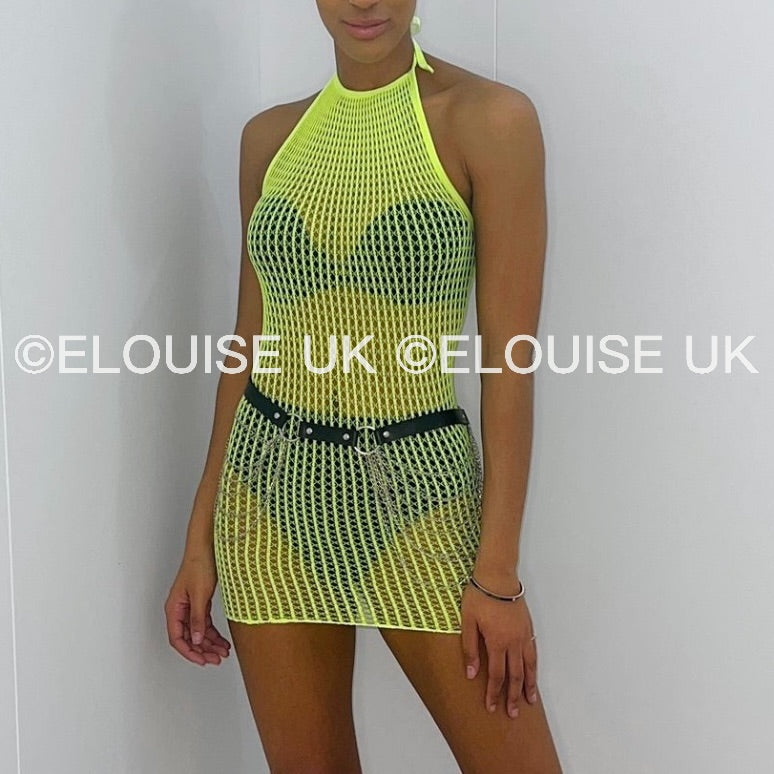 HALTER NECK FISHNET DRESS - YELLOW