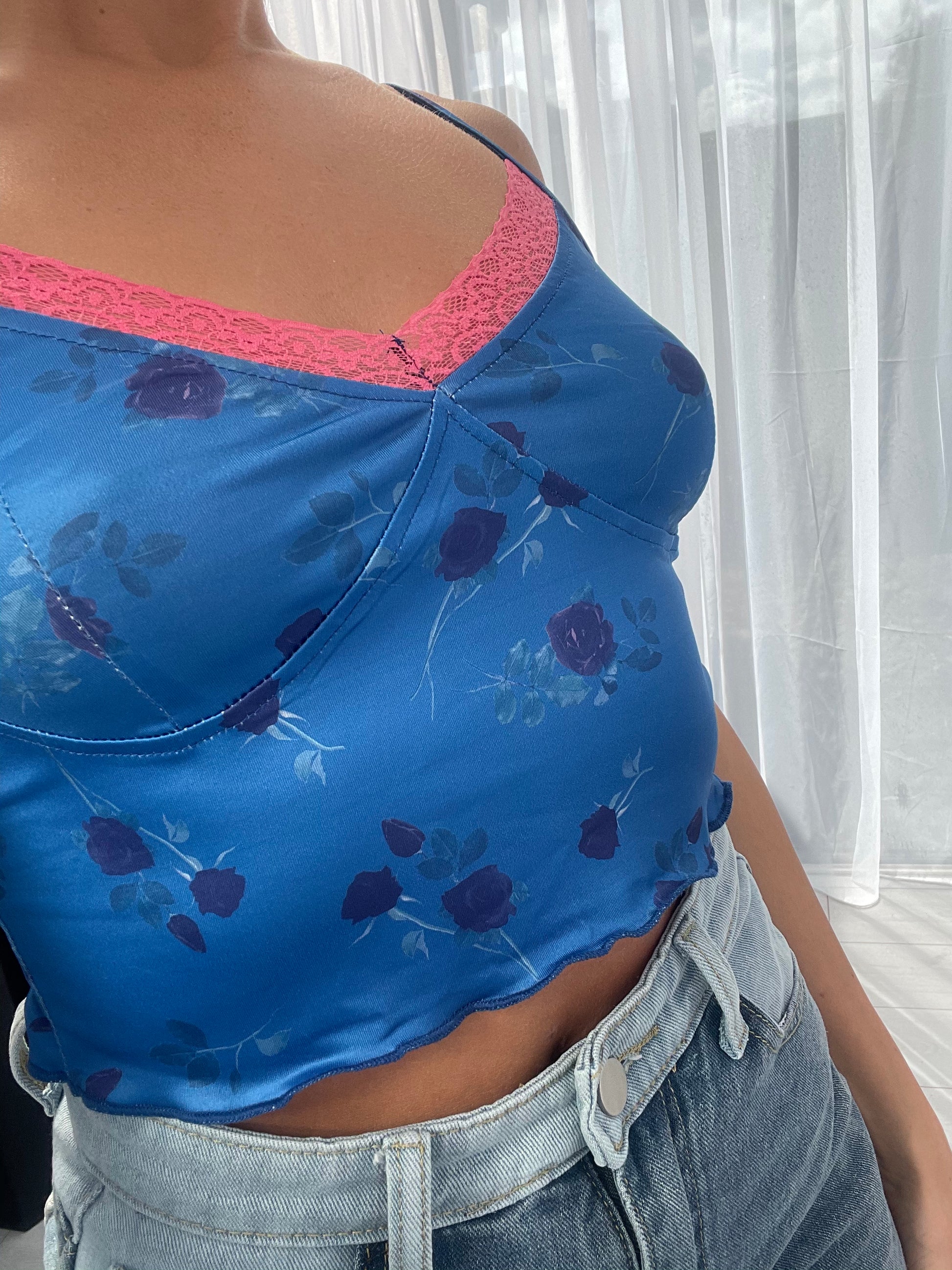 Blue Floral Lace Strappy Crop Top