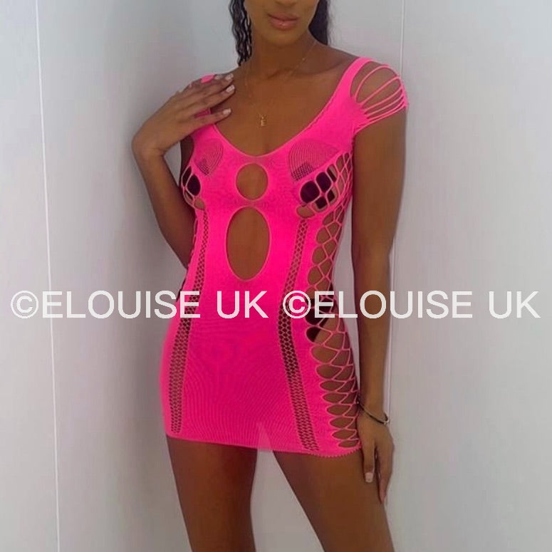 ELLIE MESH CUT OUT DRESS NEON PINK