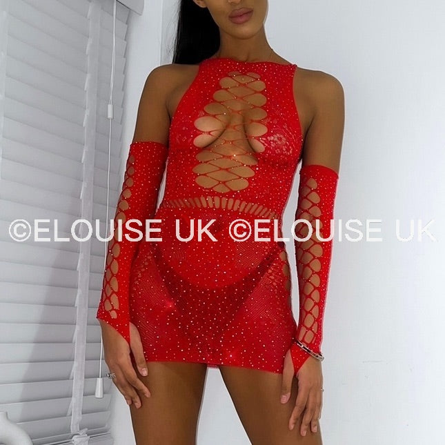 MESH DRESS WITH GLOVES IN RED - ANGEL OUTFIT ANGEL SPARKLY RAVE DRESS