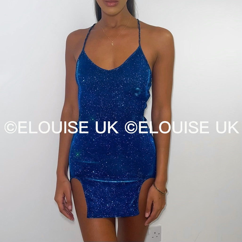 “ELSA” LACE UP BACK GLITTER DRESS - BLUE