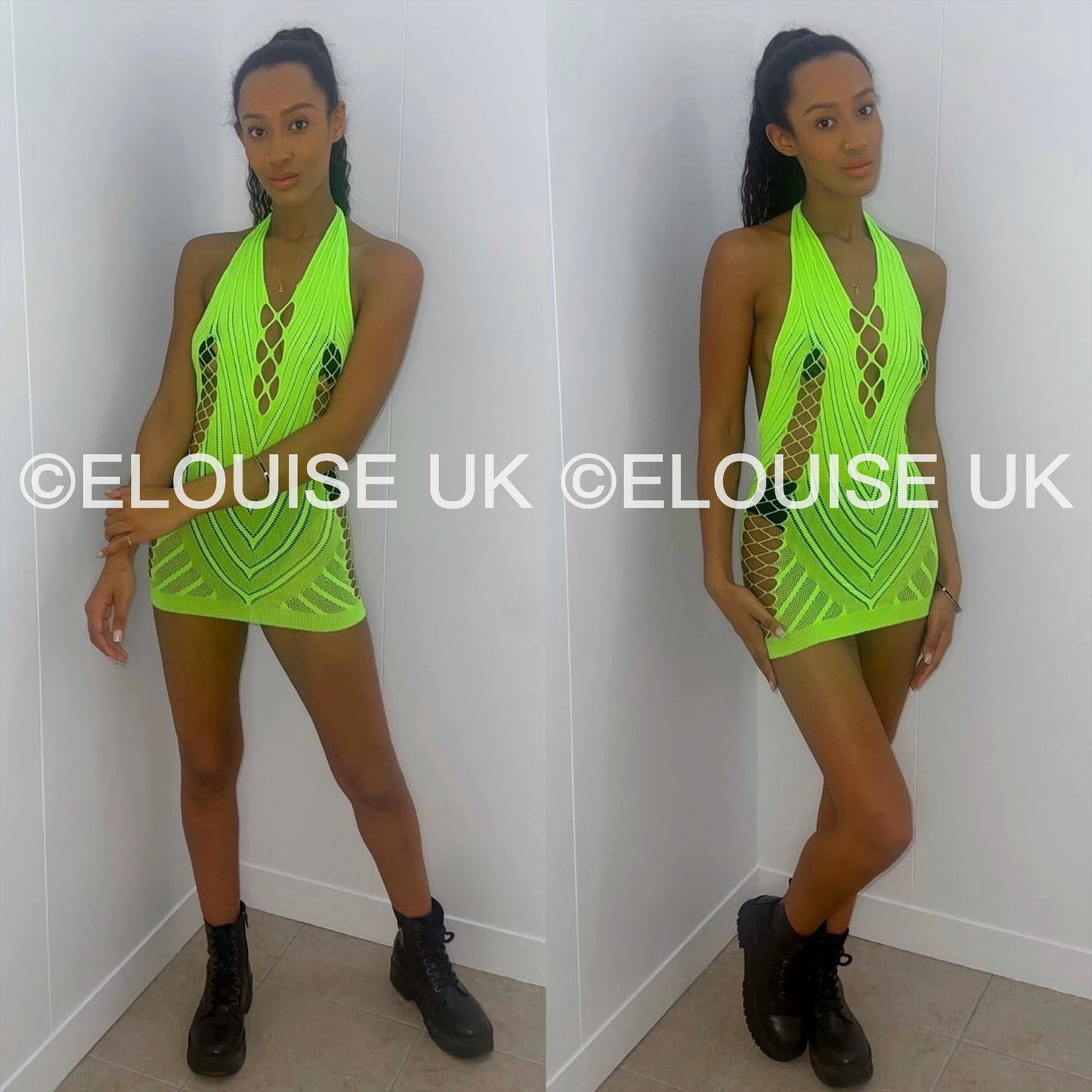 Neon green fishnet festival dress cut out sheer halter rave dress festival outfit