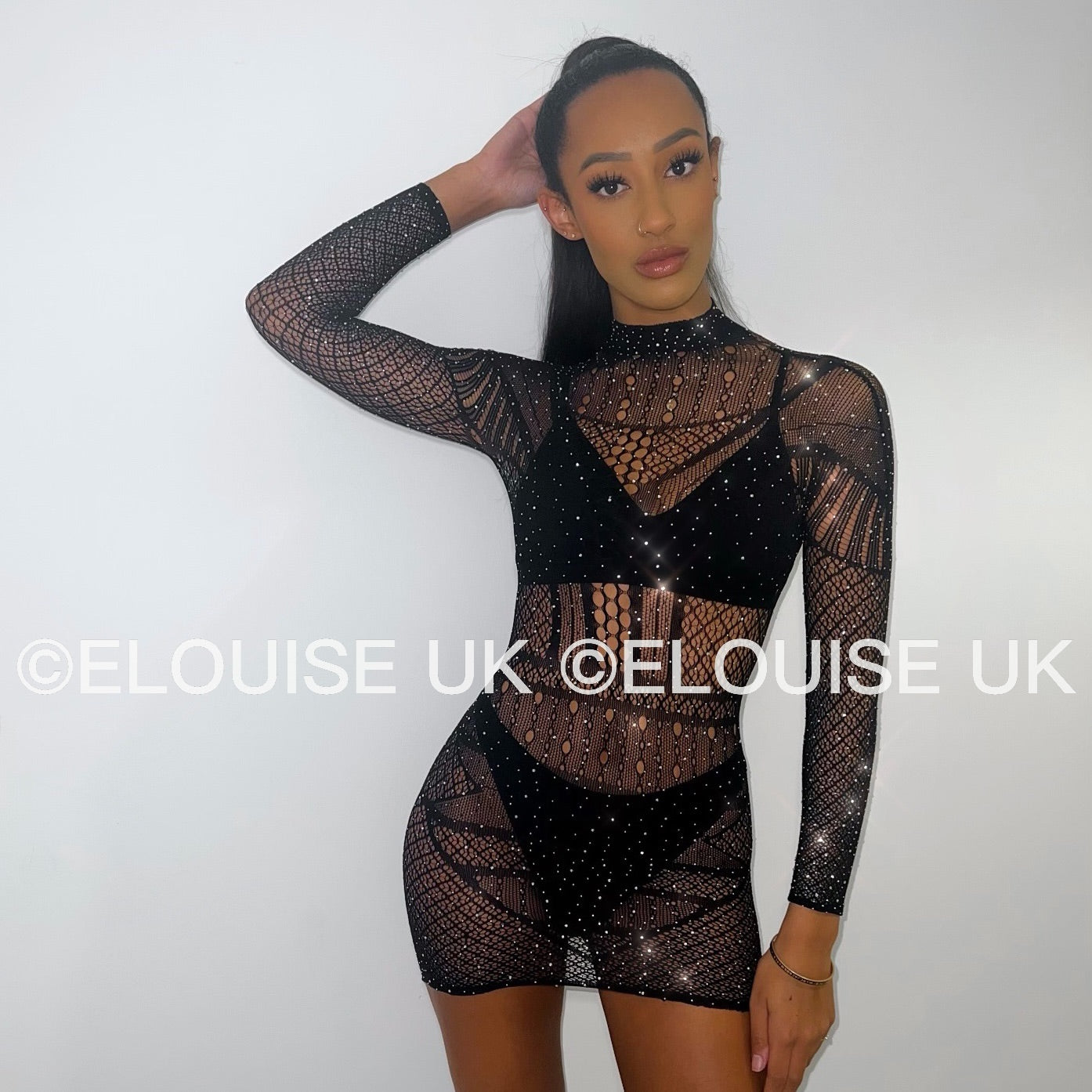 HIGH NECK DIAMANTÉ MESH DRESS - BLACK