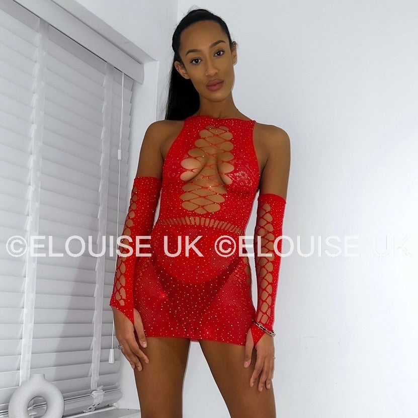 MESH DRESS WITH GLOVES IN RED - ANGEL OUTFIT ANGEL SPARKLY RAVE DRESS