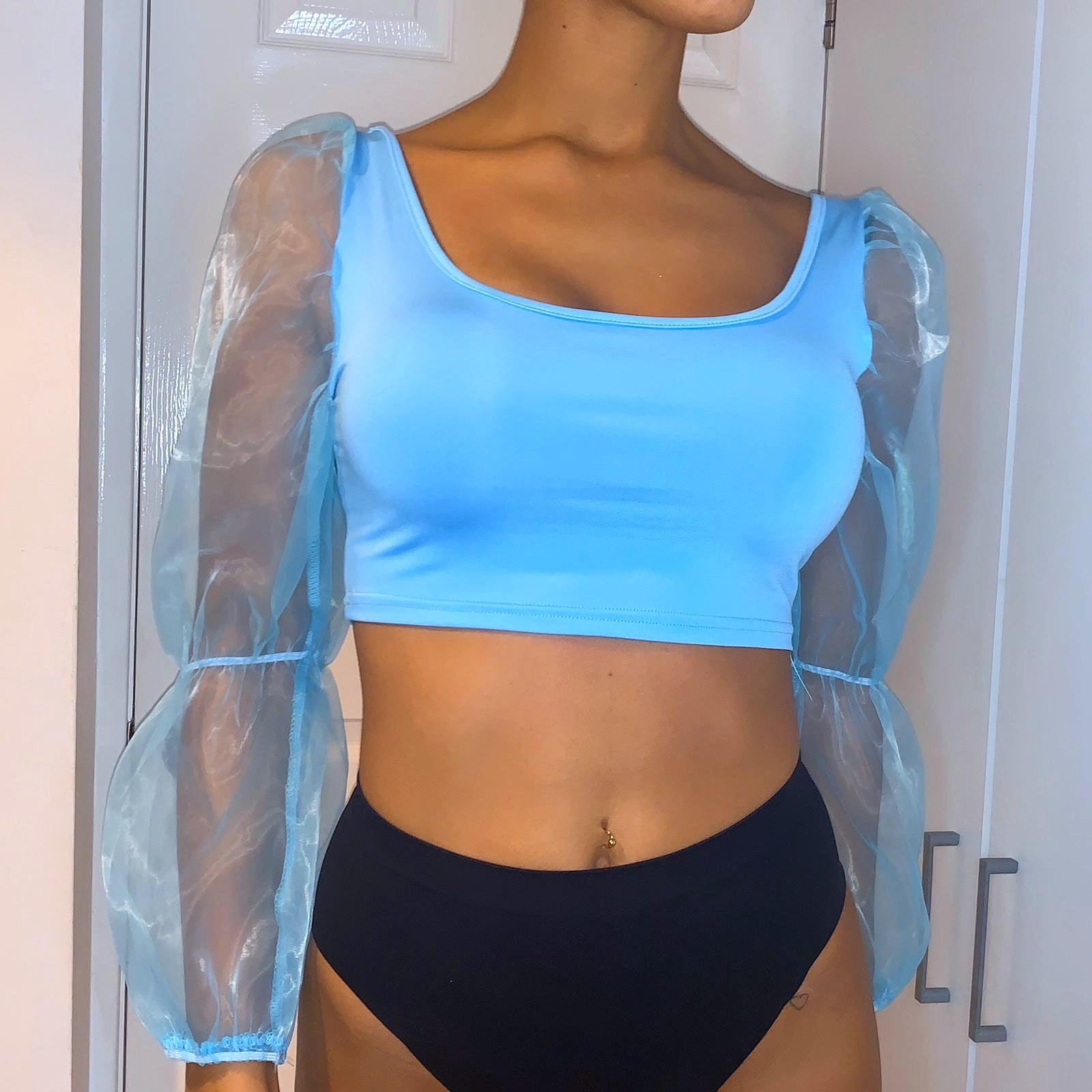 Blue Mesh Puff Sleeve Crop Top