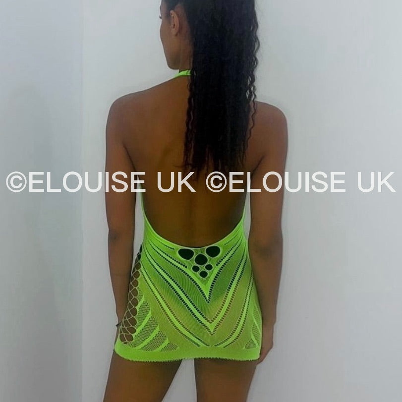 Neon green fishnet festival dress cut out sheer halter rave dress festival outfit