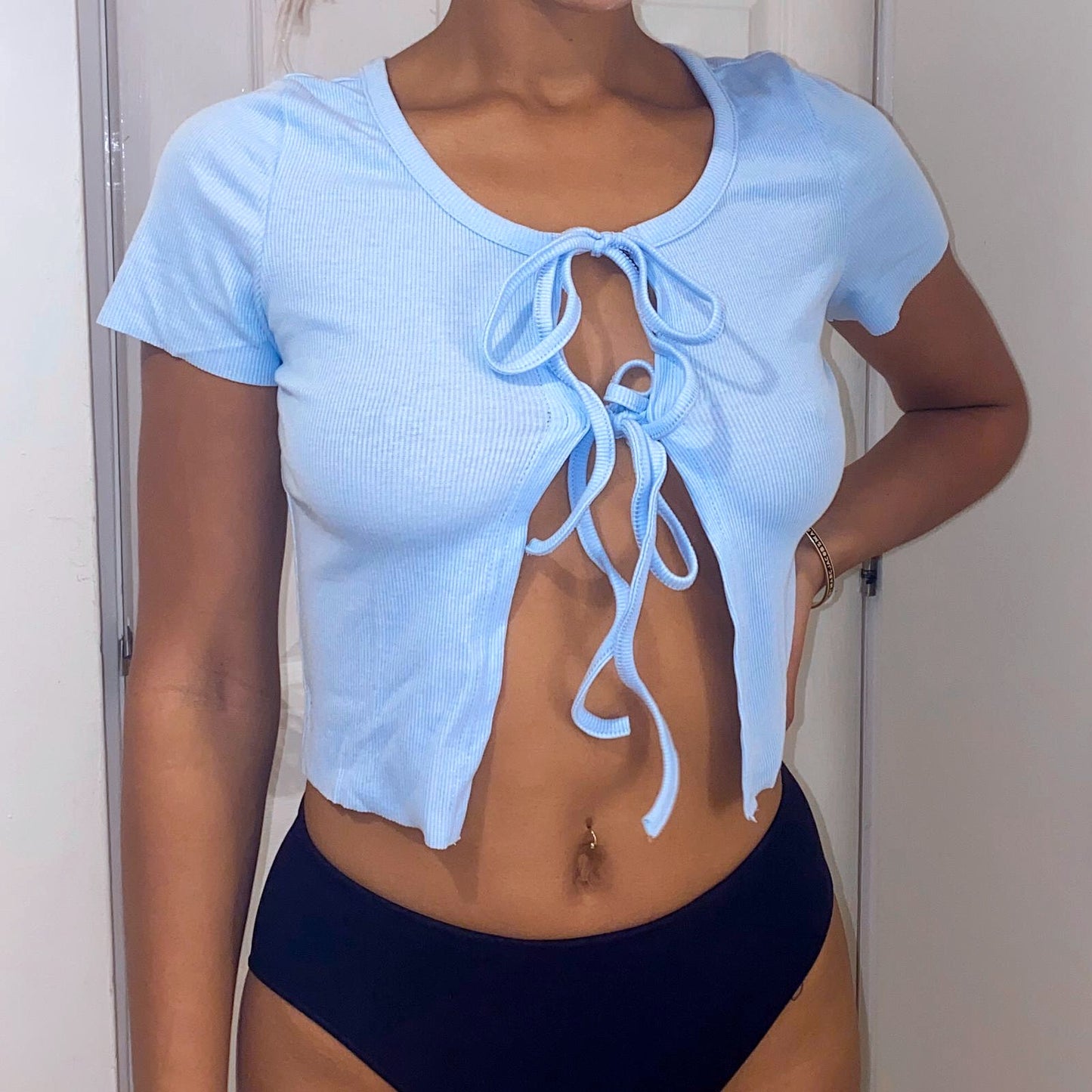 BLUE RIBBED TIE UP CROP TOP