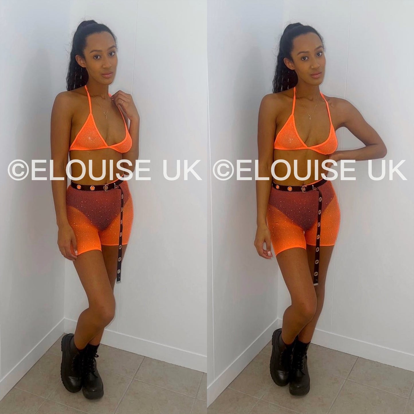 RHINESTONE FISHNET TWO PIECE - ORANGE