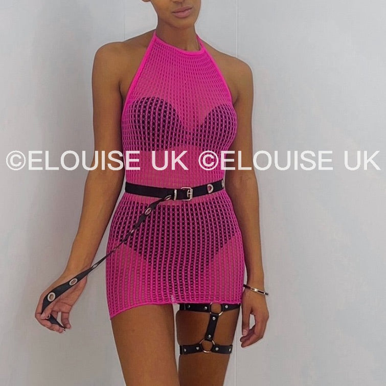 HALTER NECK FISHNET DRESS - PINK