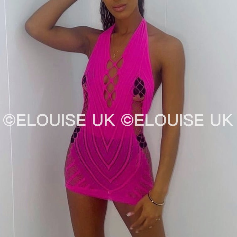 Pink fishnet festival dress cut out sheer halter rave dress