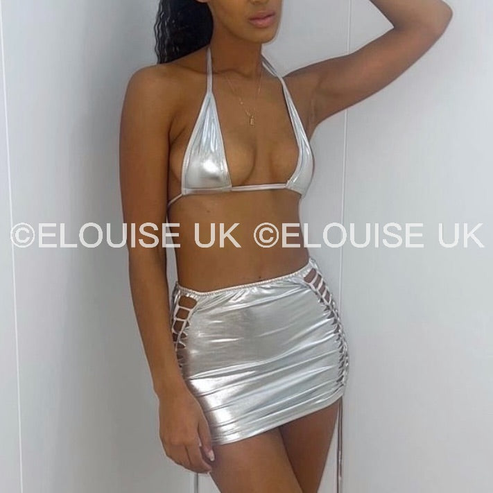 WET LOOK MINI BRALET - SILVER