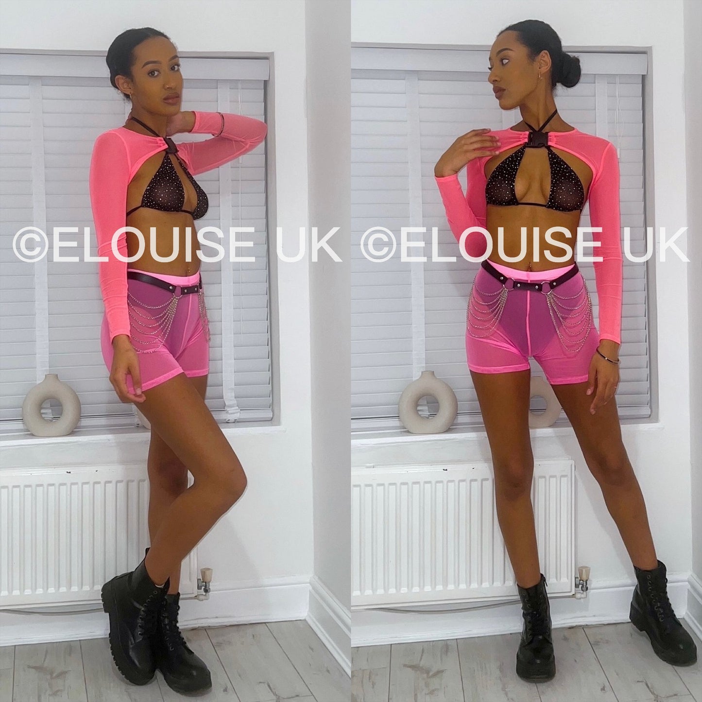 MESH BUCKLE EXTREME CROP TOP - NEON PINK