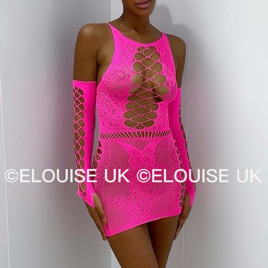 “JASMINE” MESH DRESS WITH GLOVES - PINK