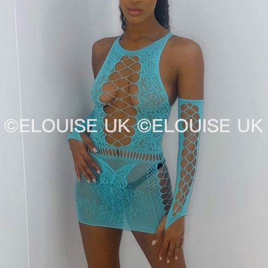 “JASMINE” MESH DRESS WITH GLOVES - LIGHT BLUE