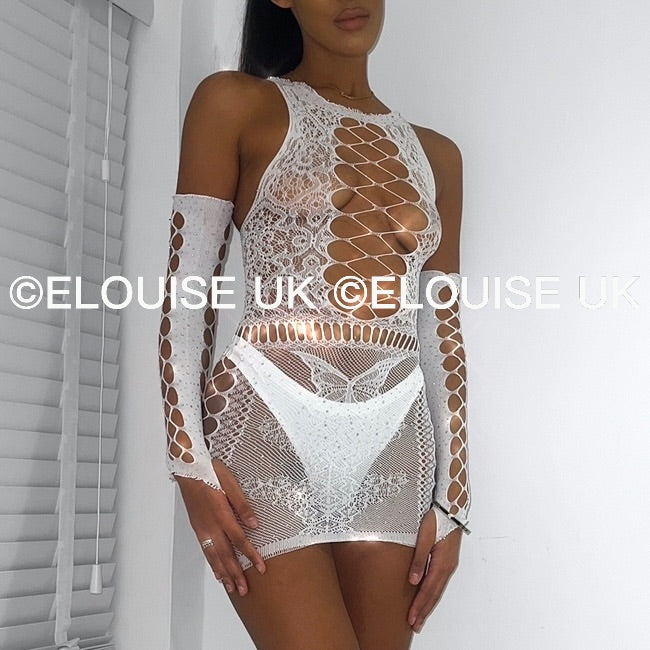 MESH DRESS WITH GLOVES IN WHITE - ANGEL OUTFIT ANGEL SPARKLY RAVE DRESS