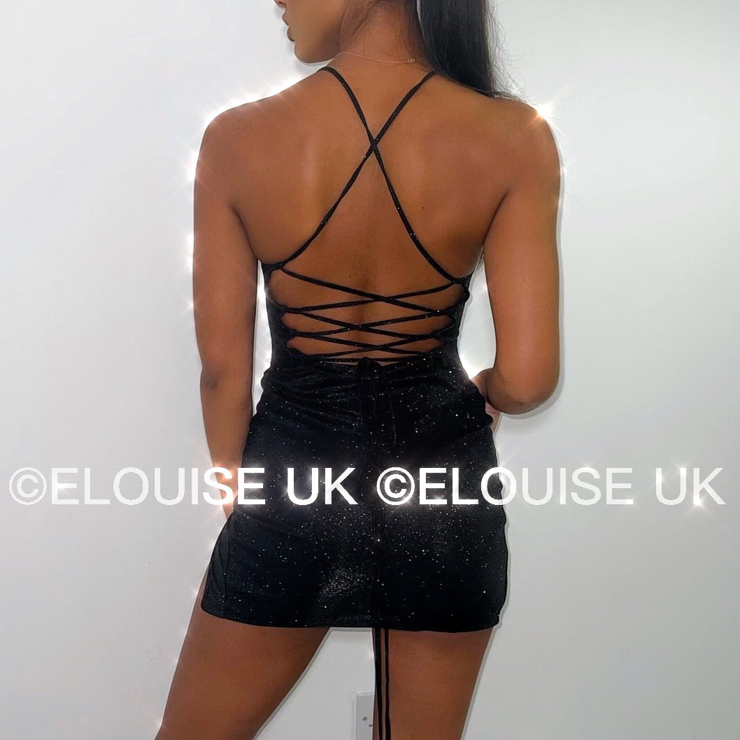 “ELSA” LACE UP BACK GLITTER DRESS - BLACK