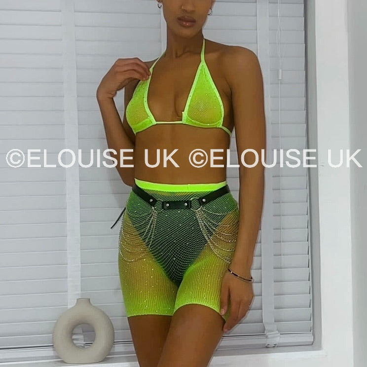 RHINESTONE FISHNET SHORTS - LIME