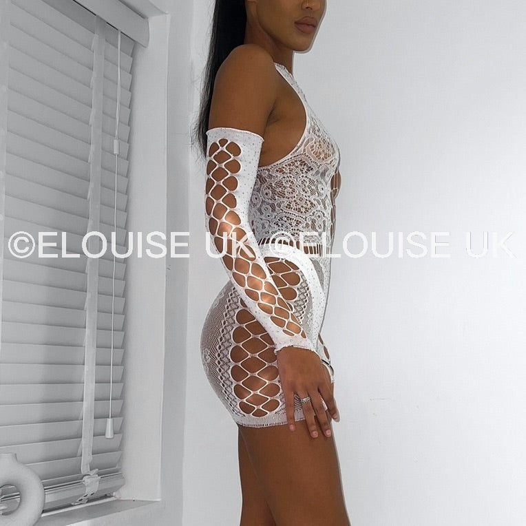 MESH DRESS WITH GLOVES IN WHITE - ANGEL OUTFIT ANGEL SPARKLY RAVE DRESS