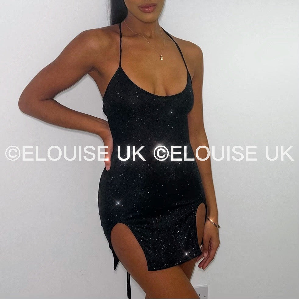 “ELSA” LACE UP BACK GLITTER DRESS - BLACK