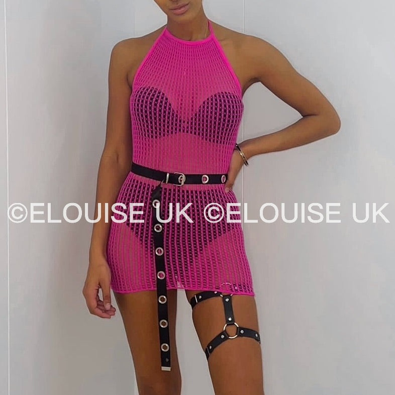 HALTER NECK FISHNET DRESS - PINK