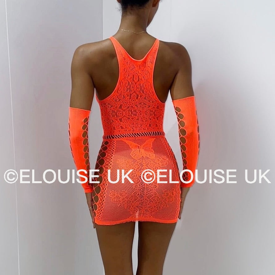 “JASMINE” MESH DRESS WITH GLOVES - ORANGE