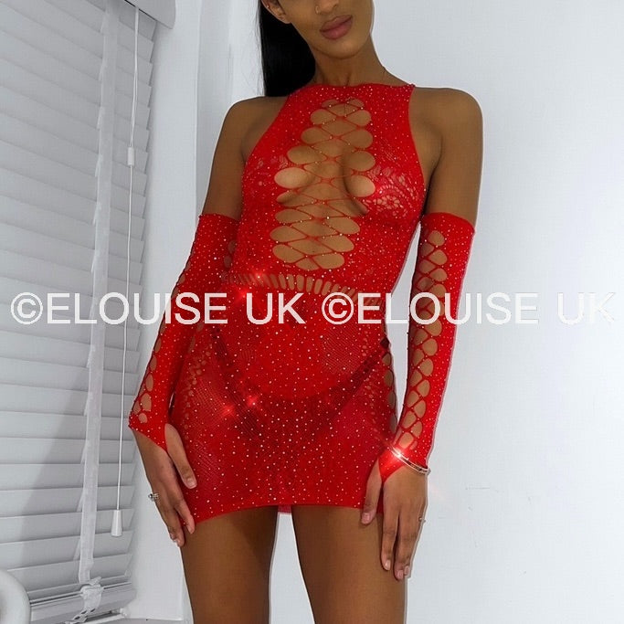 MESH DRESS WITH GLOVES IN RED - ANGEL OUTFIT ANGEL SPARKLY RAVE DRESS